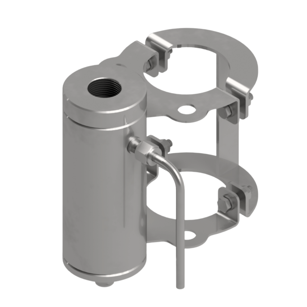 CÂMARA DE FLUXO TRANSBORDO INTERNO - SENSOR G3/4" - 1/4"OD DUPLA ANILHA - SAÍDA DIR. - FIX. TUBO Ø2" SCH - INOX 316